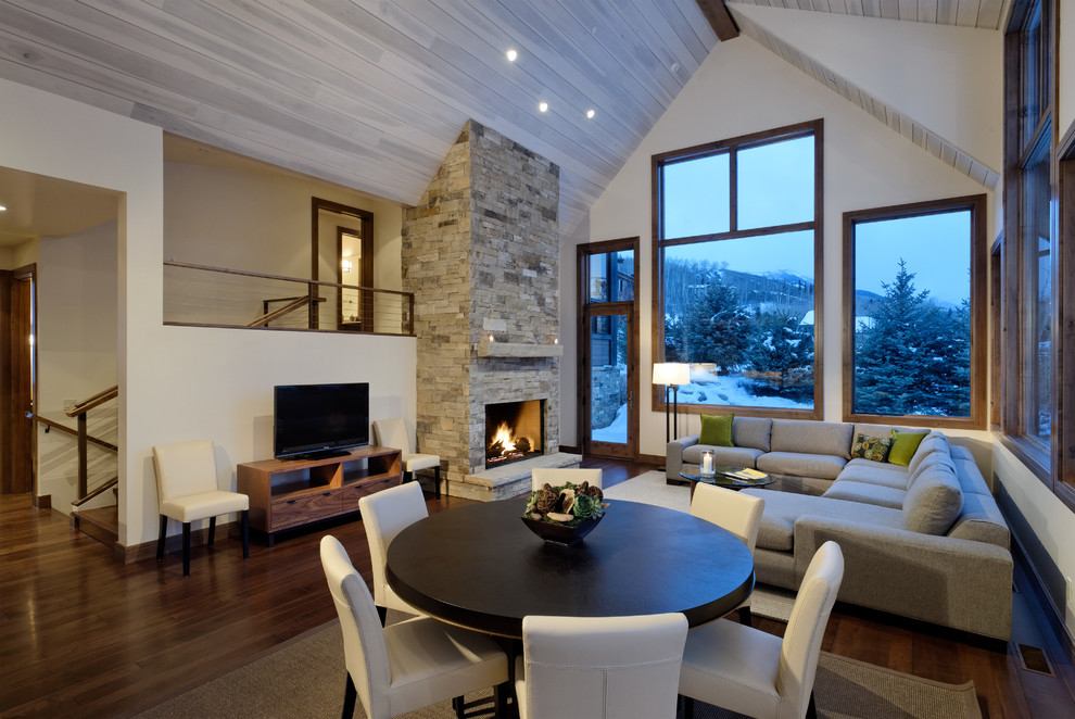 Fireplace Stone Veneer Family Room Contemporary with Contemporary Wood Floor Dark