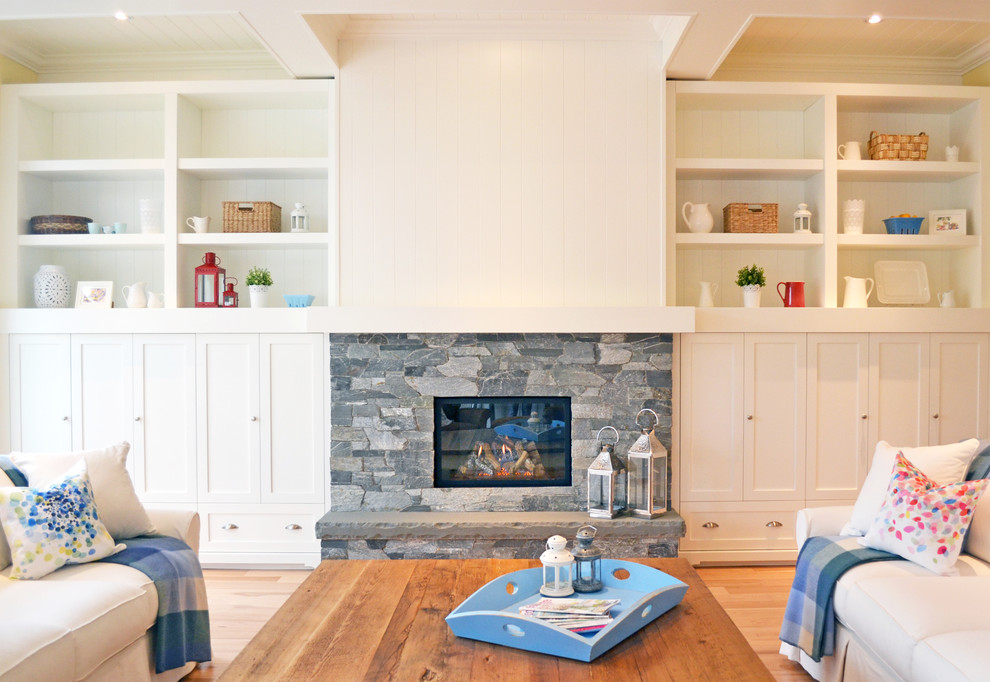 Fireplace Stone Veneer Living Room Farmhouse with Blue Accents Built Ins Pillows