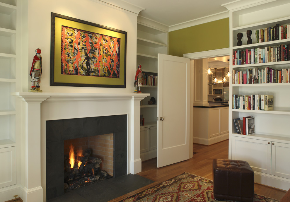 Fireplace Surround Kits Living Room Contemporary with Area Rug Artwork Bookcase