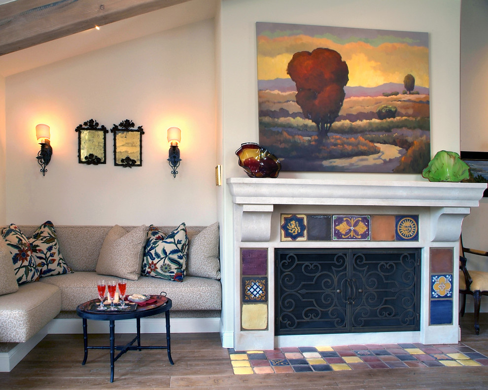 Fireplace Tile Designs Living Room Mediterranean with Beams Built in Sofa Corner