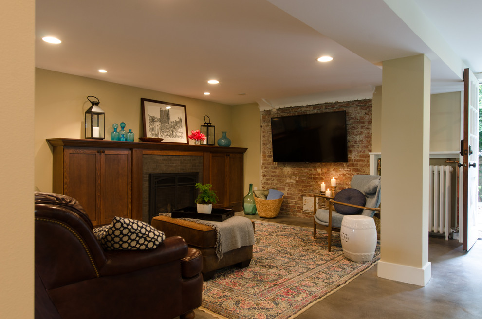 Fireplace Tile Surrounds Basement Traditional with Family Room Media Room