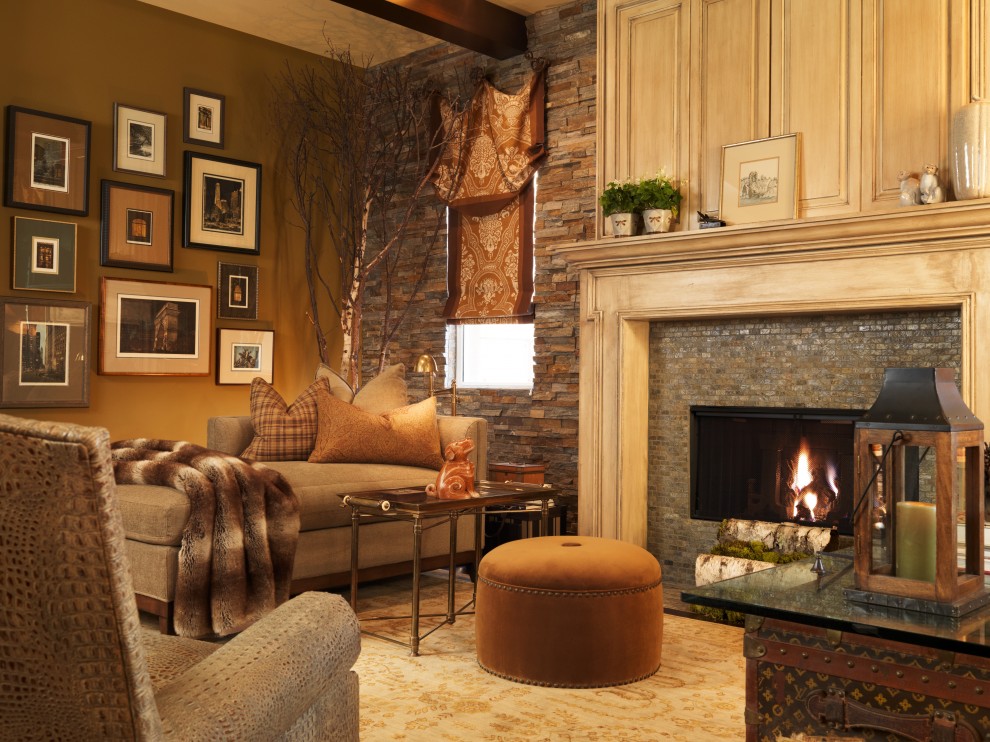 Fireplace Tile Surrounds Family Room Traditional with Alligator Leather Ceiling Beams