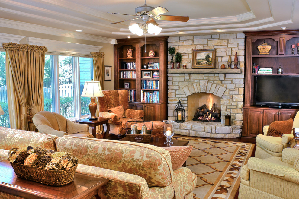 Fireplaces with Bookcases Family Room Traditional with Arched Fireplace Beige Window