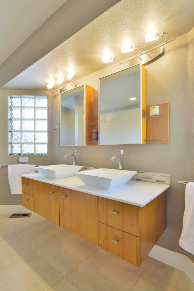 Floating Double Vanity Bathroom Contemporary with Beige Floor Tile Floating
