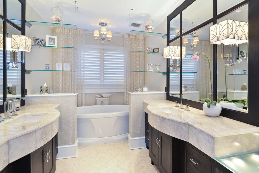 Floating Glass Shelves Bathroom Traditional with Dark Stained Wood Freestanding