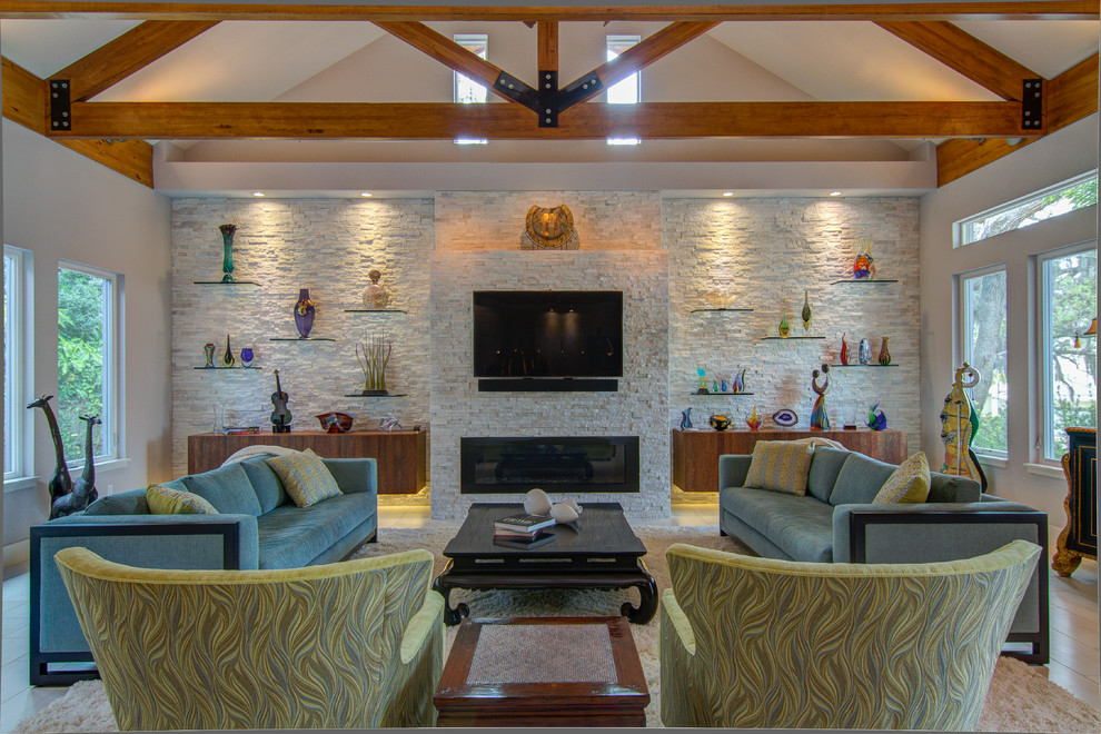 Floating Glass Shelves Living Room Contemporary with Art Wall Beige Ceiling