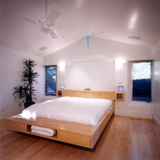 Floating Platform Bed Bathroom Contemporary with Ceiling Fan Gabled Ceiling
