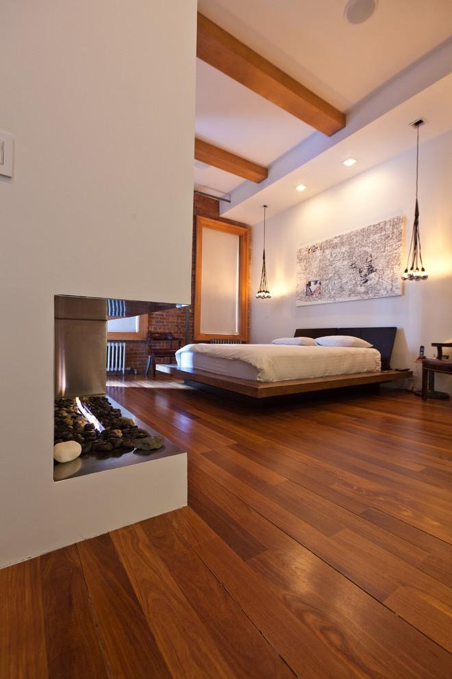 Floating Platform Bed Bedroom Contemporary with Artwork Brick Walls Chrome