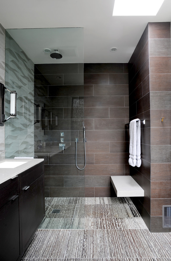 Floating Shower Bench Bathroom Contemporary with Brown Tiled Wall Dark