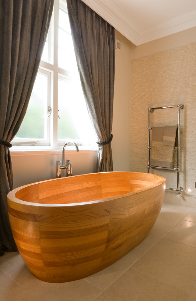 Floor Mount Tub Filler Bathroom Contemporary with Beige Floor Tile Beige