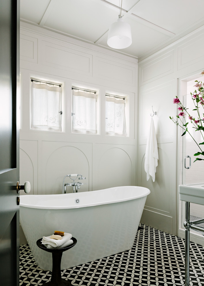 Floor Mounted Tub Filler Bathroom Craftsman with Arched Panels Bathroom Tile