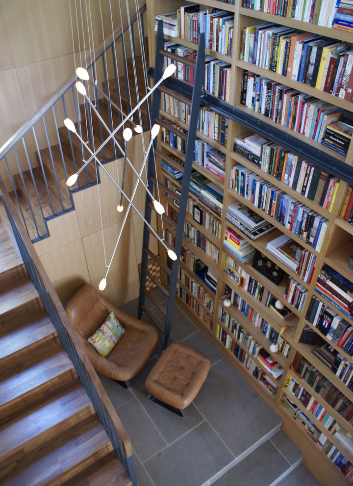 Floor to Ceiling Bookcase Staircase Modern with Bookcase Handrail High Ceilings