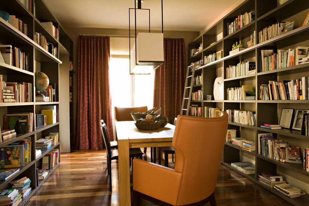 floor to ceiling bookshelves Dining Room Contemporary with bookcase books bookshelves built