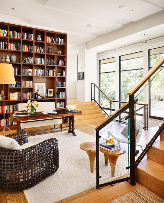 Floor to Ceiling Bookshelves Home Office Modern with Bookshelves Glass Railing Glass