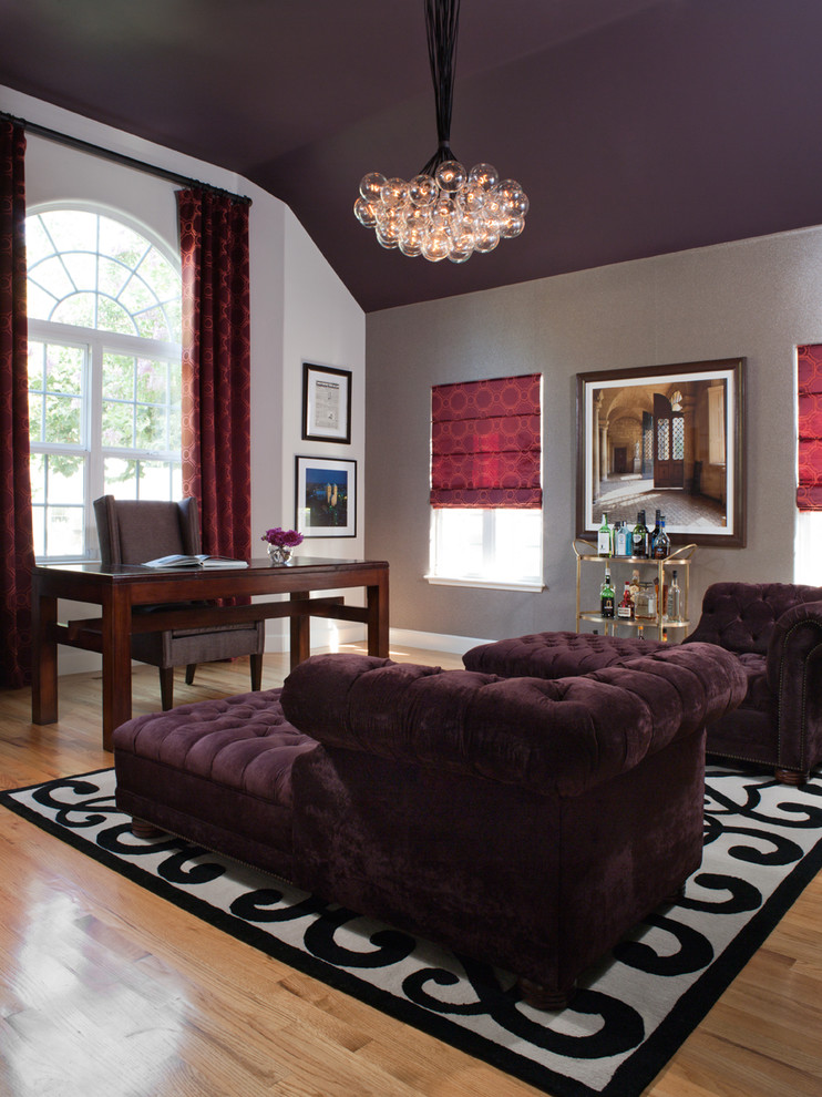 Floor to Ceiling Drapes Home Office Contemporary with Area Rug Chandelier Desk