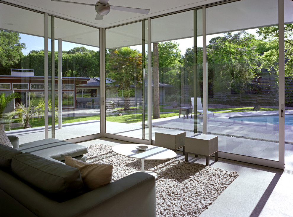 Florida Room Designs Living Room Midcentury with Area Rug Concrete Floor