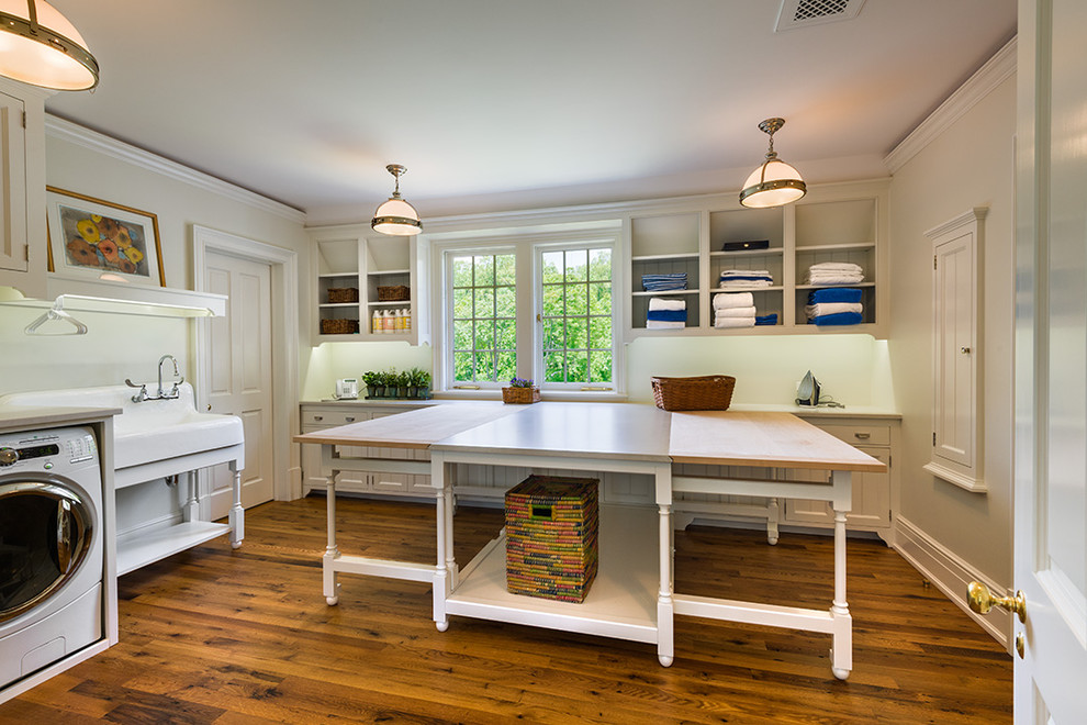 Fold Away Table Laundry Room Traditional with Antique Sink Beige Cabinets