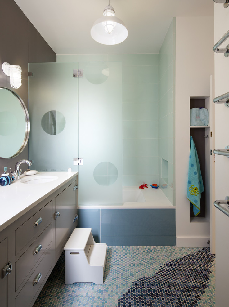 Folding Shower Doors Bathroom Contemporary with Accent Wall Floor Tile