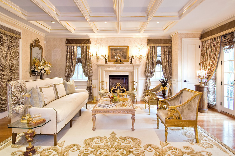 Formal Window Treatments Living Room Traditional with Antique Furniture Coffered Ceiling