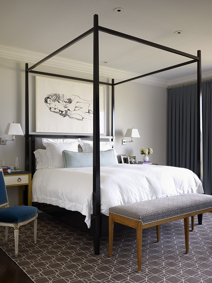 Four Poster Canopy Bed Bedroom Contemporary with Artwork Bedroom Bench Black