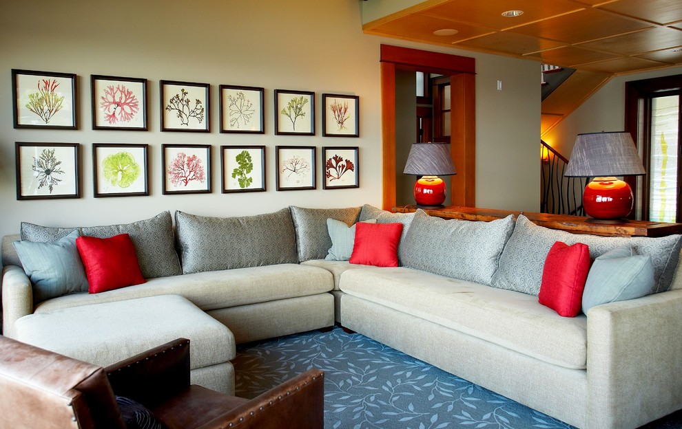 Framed Sea Fans Living Room Contemporary with Art Arrangement Blue Rug