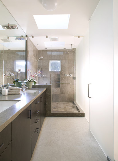 Frameless Glass Shower Bathroom Contemporary with Bath Lighting Cabinets Chrome