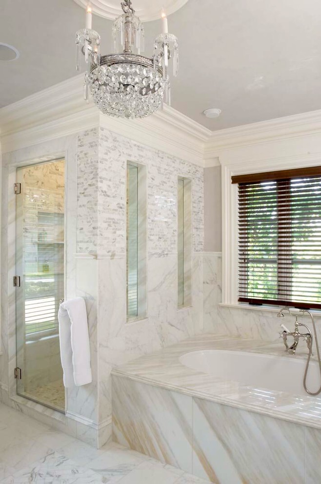 Frameless Glass Shower Doors Bathroom Traditional with Ceiling Medallion Chandelier Dark