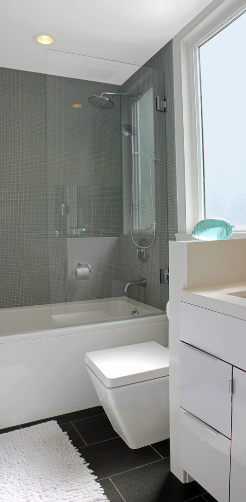 Frameless Tub Enclosures Bathroom Modern with Black Ceramic Tile Floor