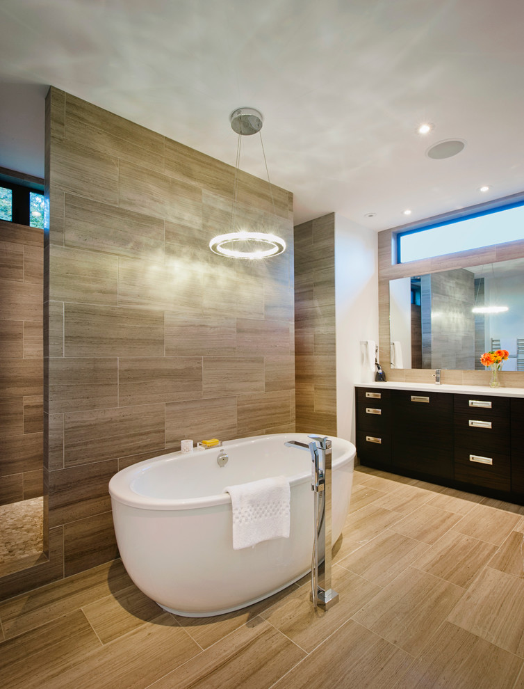 Free Standing Bathtubs Bathroom Contemporary with Black Vanity Brown Tile
