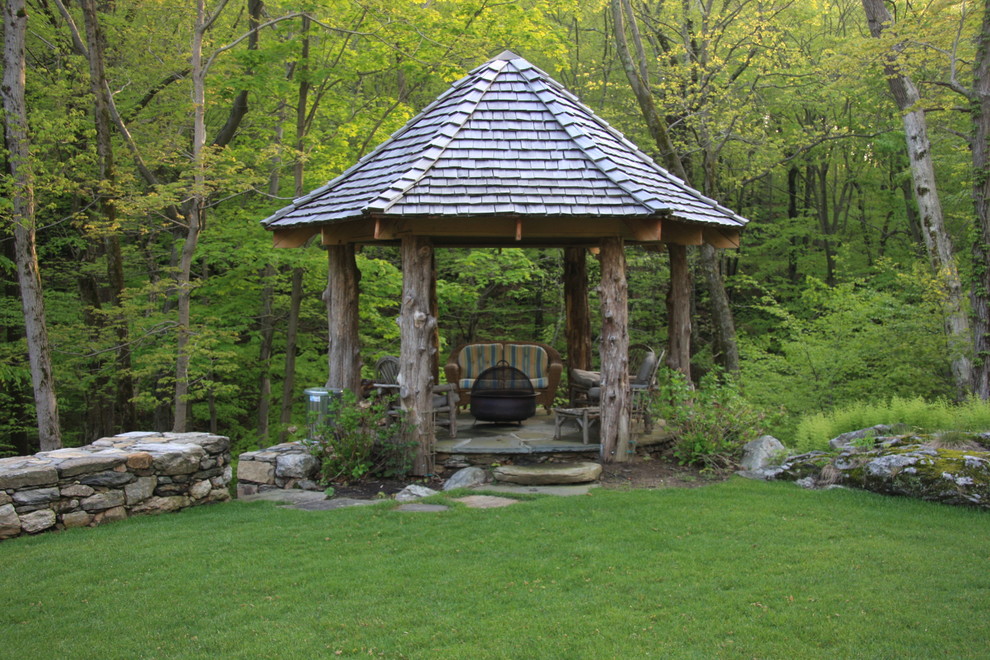 Free Standing Gazebo Patio Rustic with Flagstone Path Grass Lawn