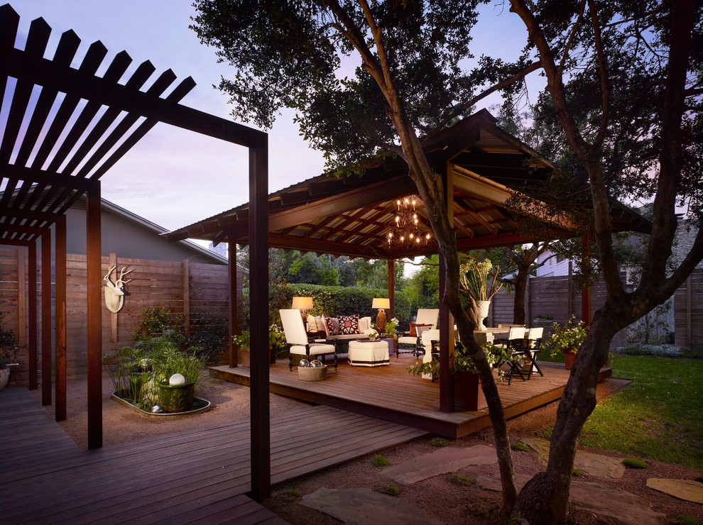 Free Standing Patio Cover Porch Contemporary with Bushes Elevated Patio Grass