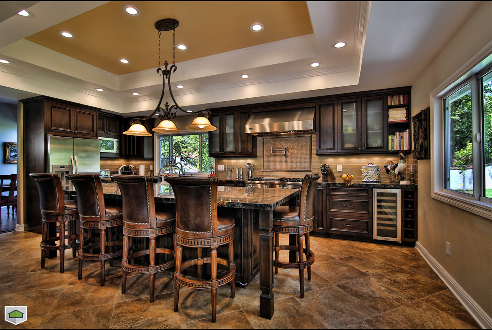 French Door Blinds Kitchen Traditional with Dark Cabinets Granite Granite