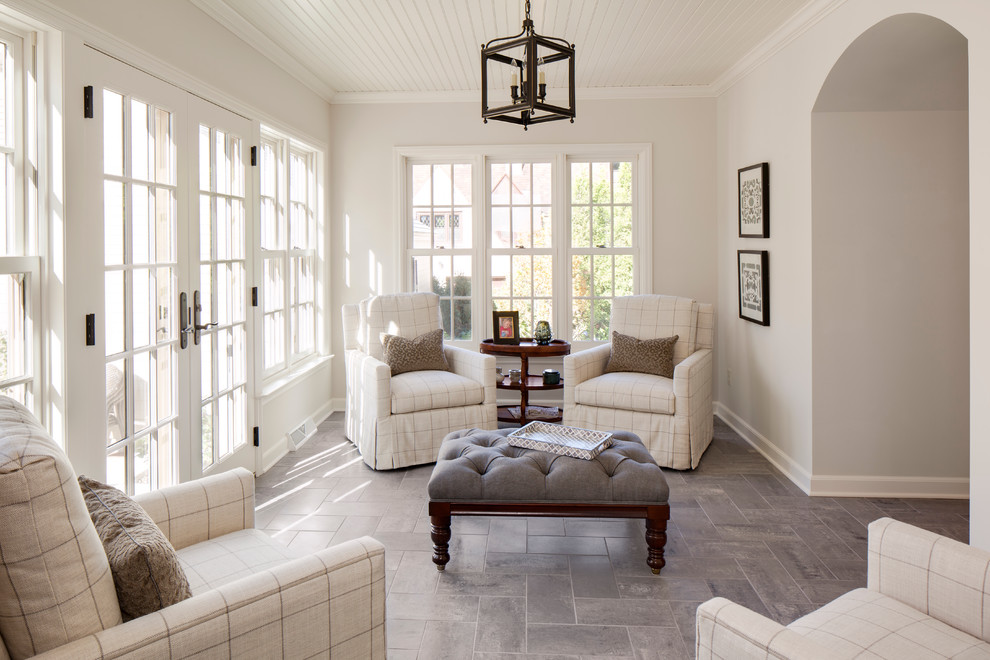 French Door Handles Sunroom Traditional with Arched Doorway Beadboard Ceiling