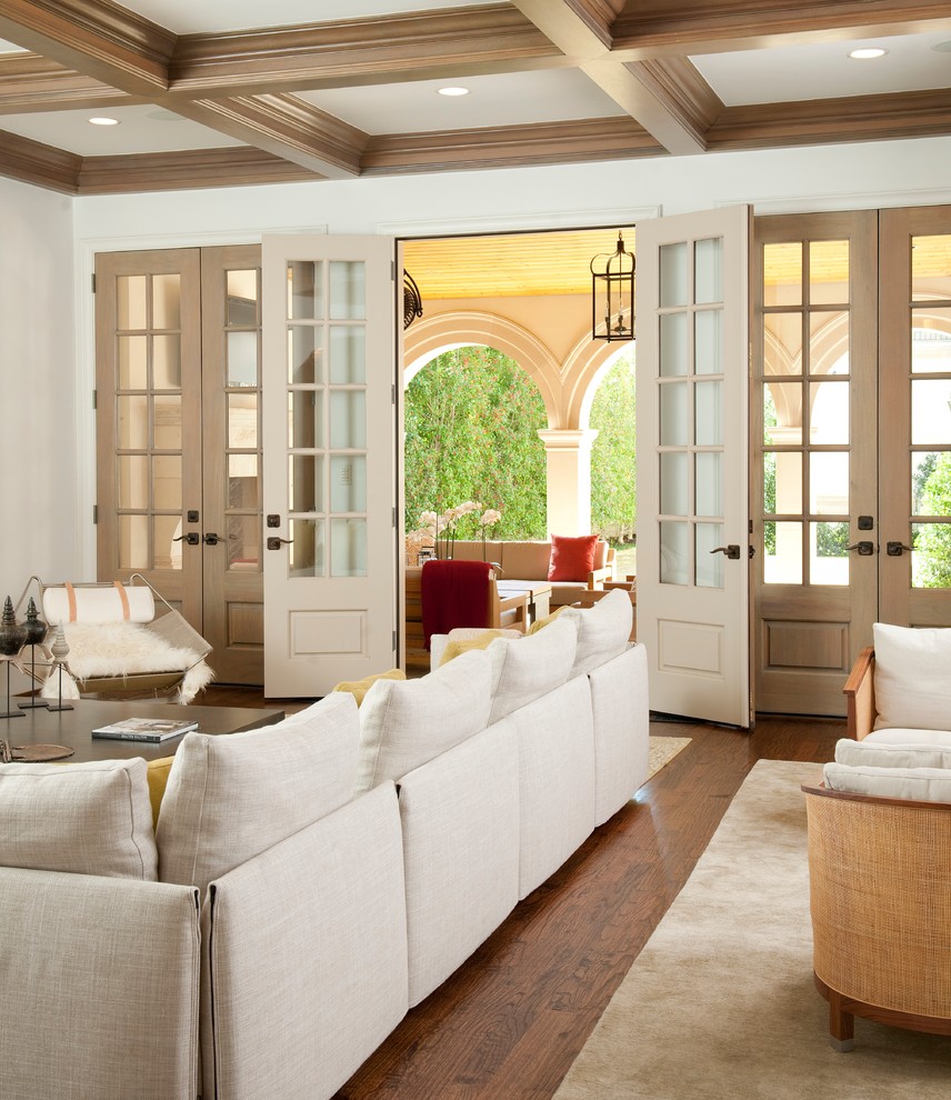 French Door Styles Family Room Mediterranean with Arches Beige Rug Coffered