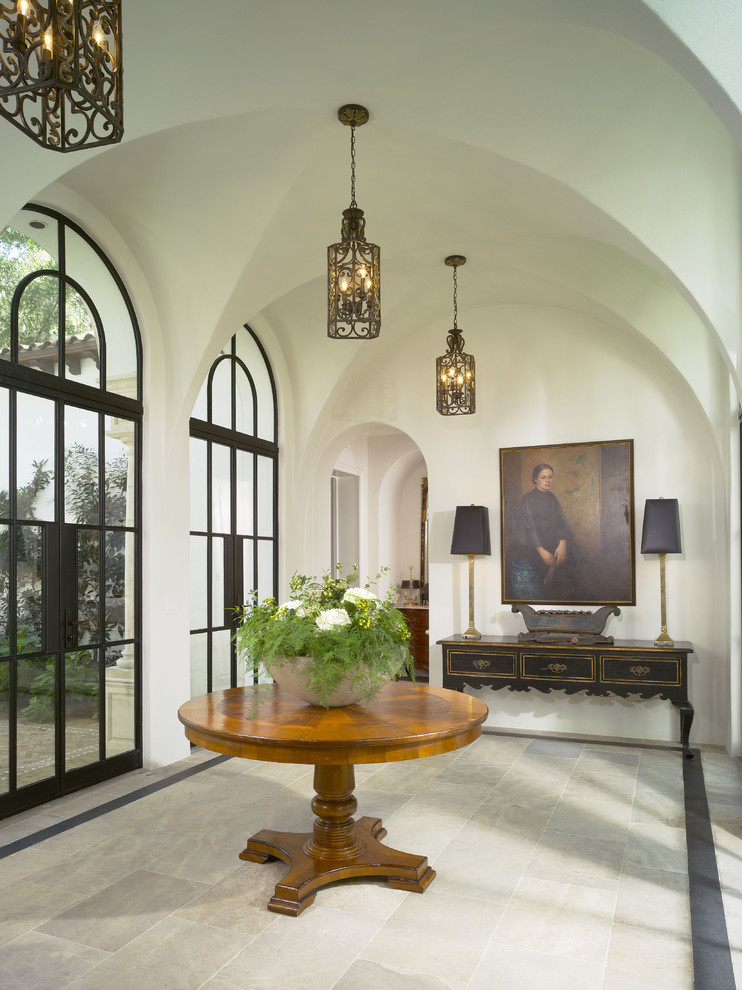 French Limestone Flooring Entry Mediterranean with Arch Ceiling Lighting Console