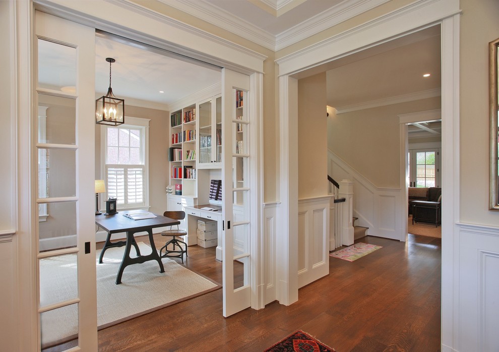 French Pocket Doors Home Office Traditional with Area Rug Beige Built In1