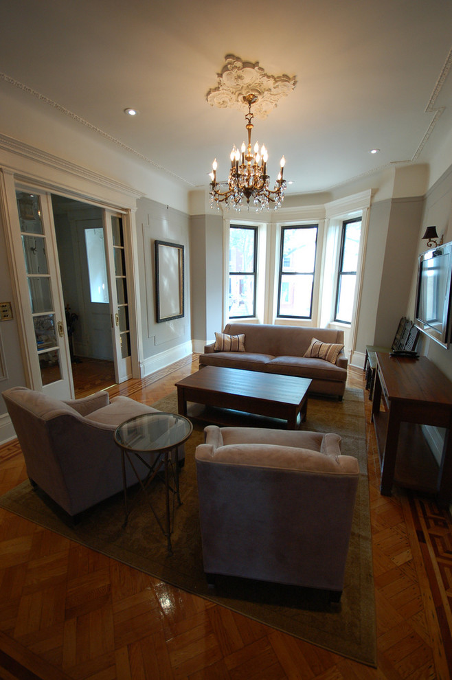 French Pocket Doors Living Room Traditional with Bay Window Brown Ceiling1