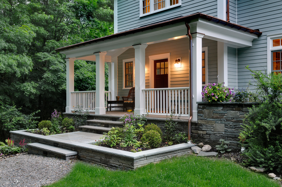 Front Porch Railing Exterior Traditional with Arched Window Blue Siding