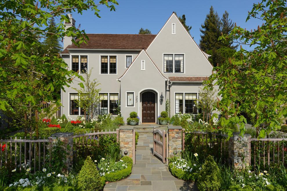 Front Yard Fencing Exterior Traditional with Arched Front Door Dark