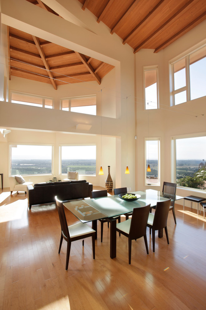 Frosted Glass Dining Table Dining Room Modern with Beamed Ceiling Wood Floor