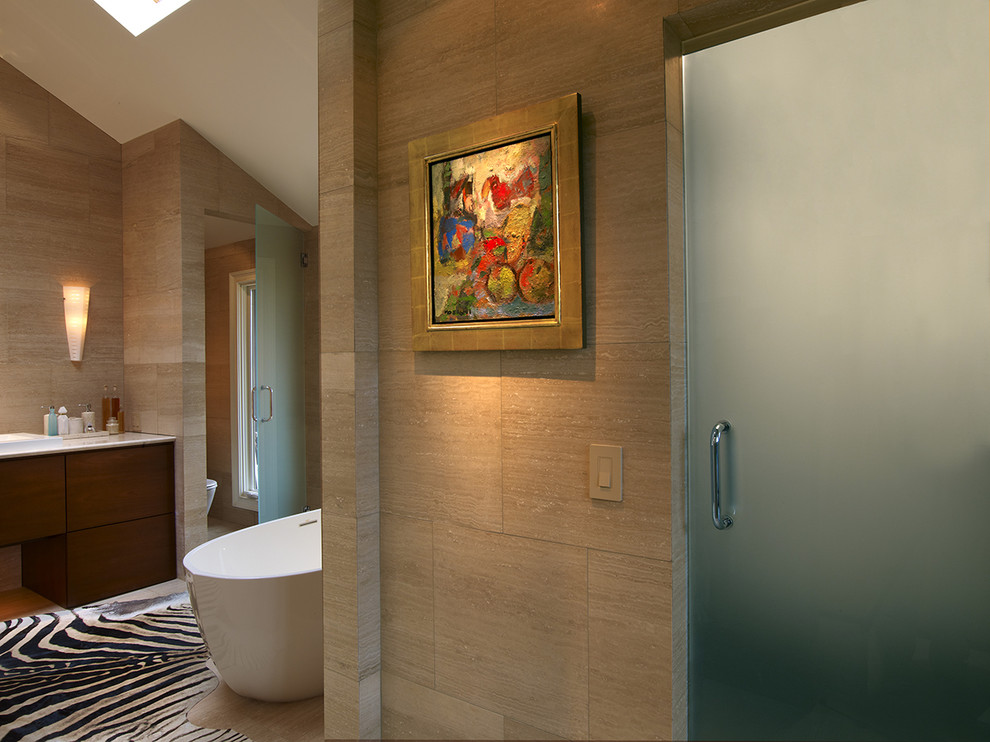 Frosted Glass Doors Bathroom Contemporary with Area Rug Freestanding Tub