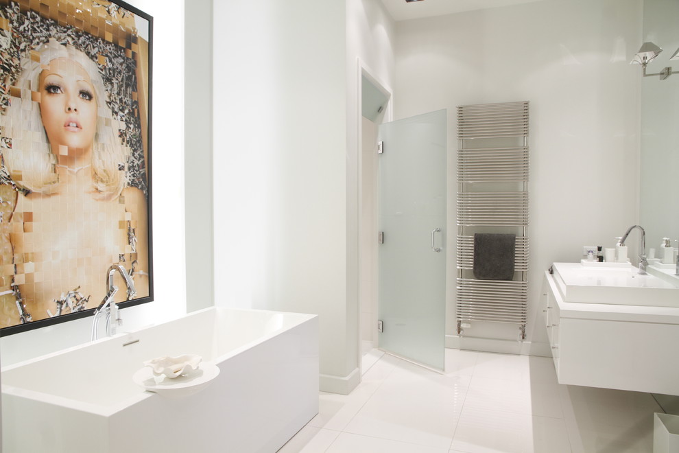 Frosted Glass Doors Bathroom Contemporary with Artwork Floating Vanity Freestanding