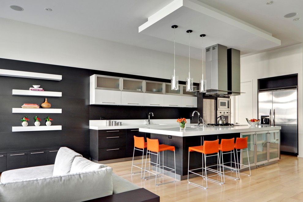 Frosted Glass Kitchen Cabinets Kitchen Contemporary with Bar Stool Black And