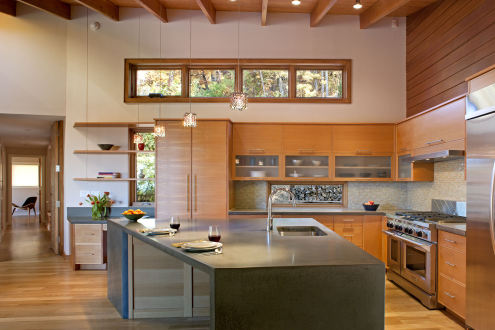Frosted Glass Kitchen Cabinets Kitchen Modern with Asheville Ceiling Beams Concrete