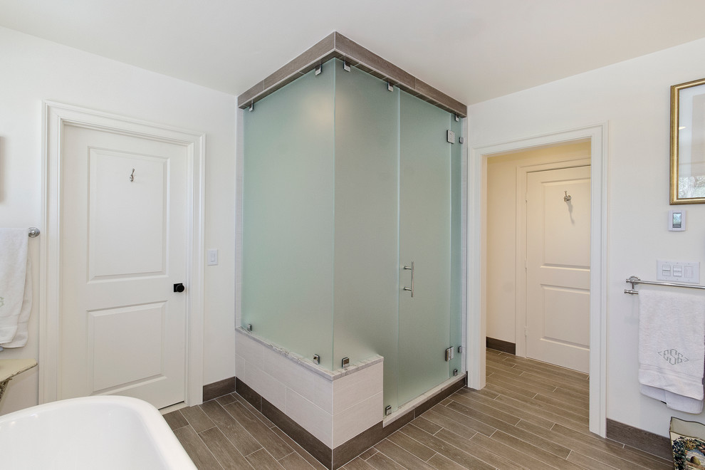 Frosted Glass Shower Doors Bathroom Transitional with Beige Tile Shower Brown