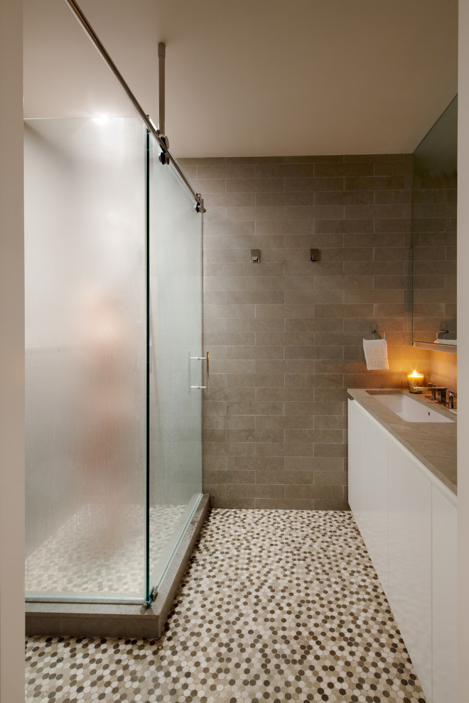 Frosted Glass Tile Bathroom Contemporary with Barn Door Bathroom Tile