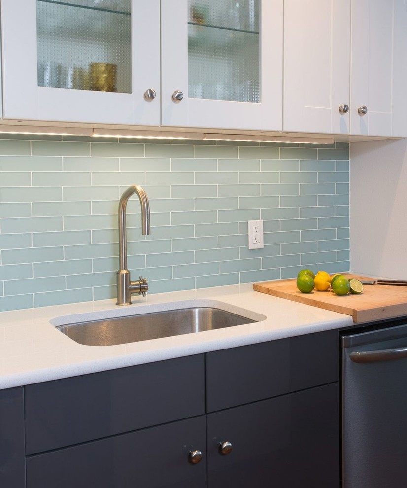Frosted Glass Tile Kitchen Modern with Austin Bamboo Floor Blue