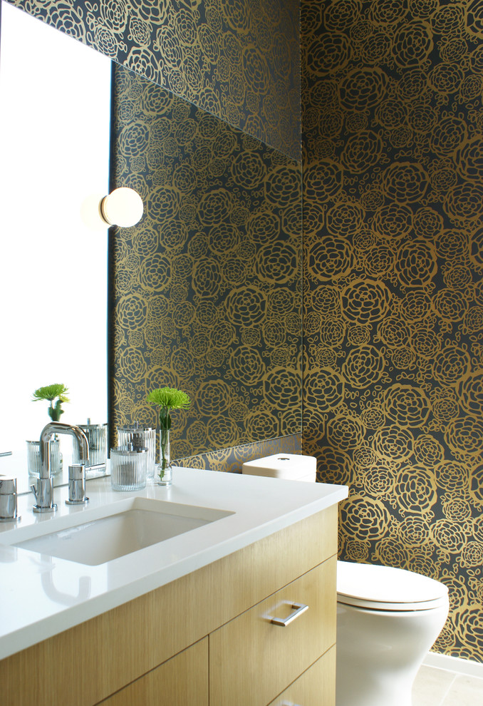 Frosted Glass Window Bathroom Modern with Blue and Gold Chrome