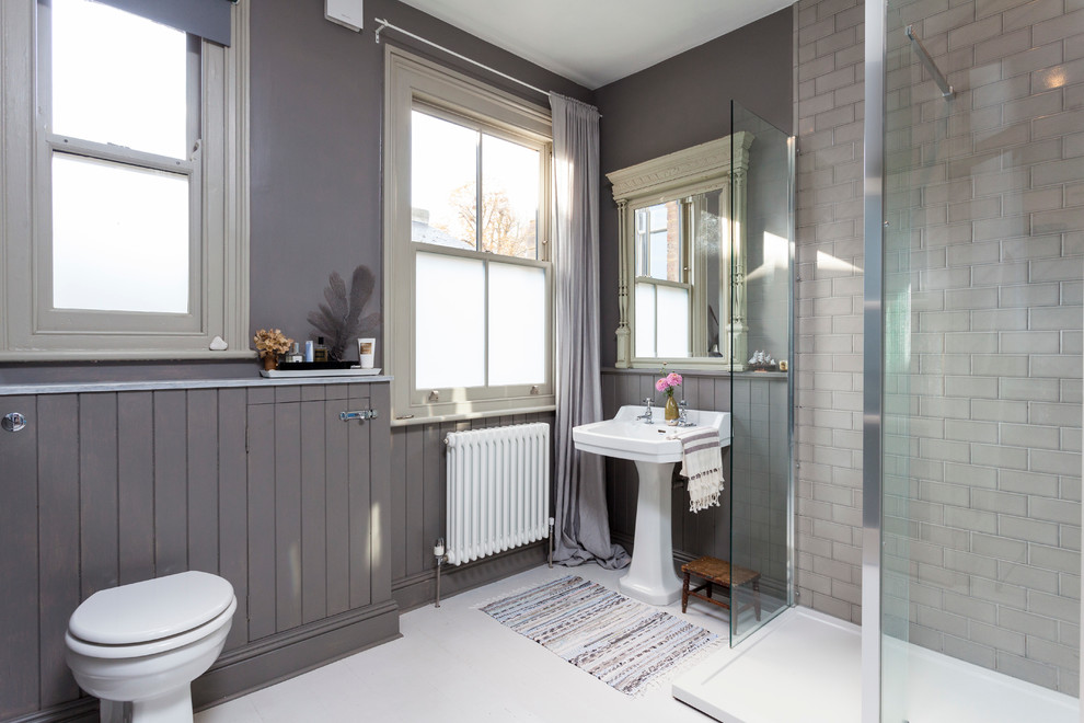 Frosted Glass Window Bathroom Transitional with Framed Mirror Gray Curtains