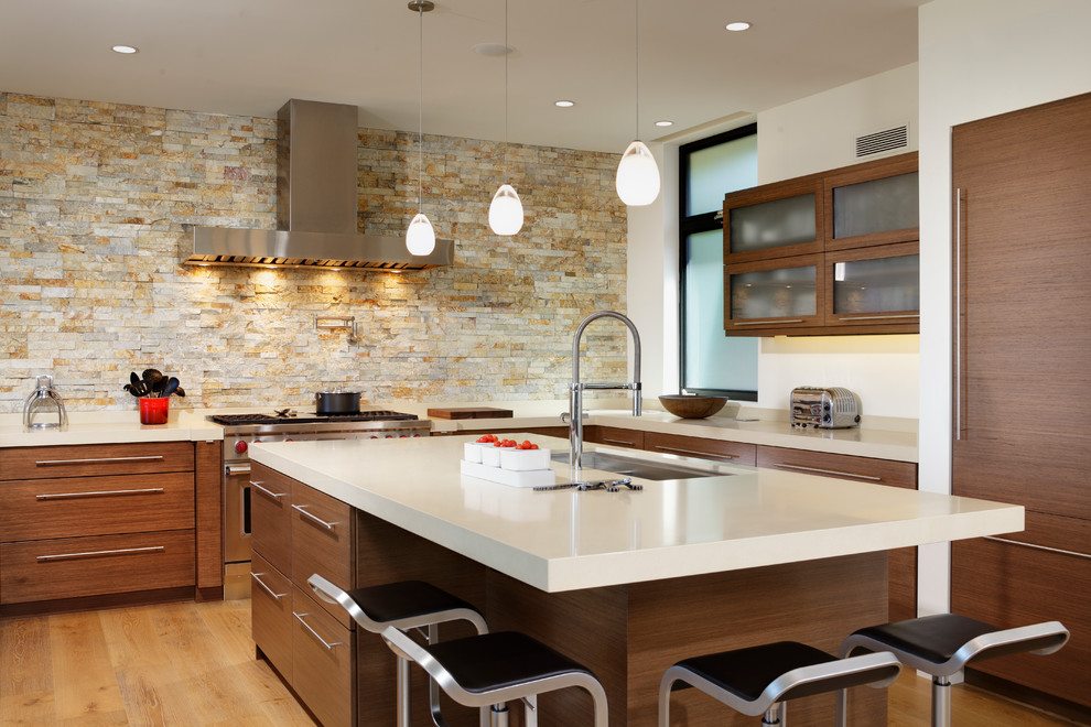 Fully Integrated Refrigerator Kitchen Contemporary with Black and Stainless Barstools